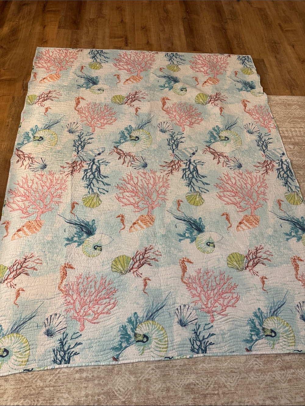 Reversible Coastal Coral Reef Quilted Bedding - Light Blue / Coral / Seafoam